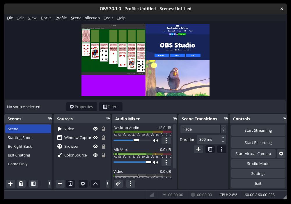 OBS Studio - ukázka rozhraní
